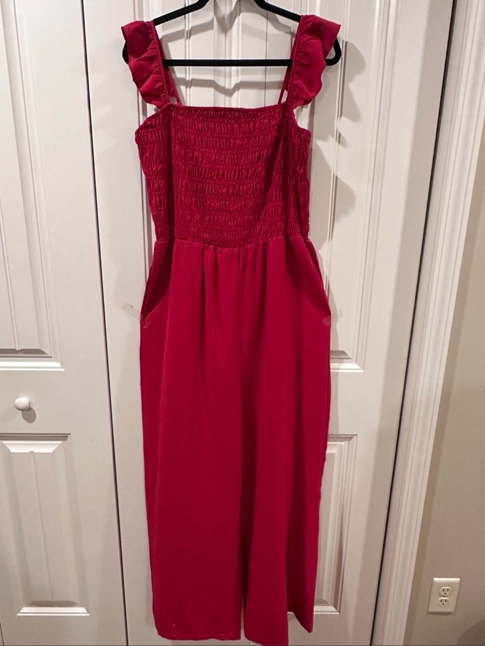 Women’s Red Smocked Jumpsuit with Ruffle Straps and pockets